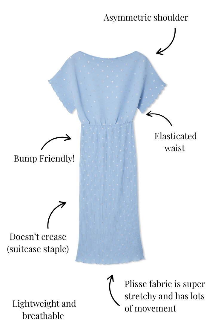 Ice Blue Plisse Tilly Dress with Elastic Waist | Summer Wedding & Vacation