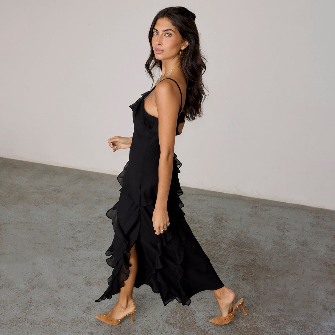 Black Tiered Ruffle Dress with Side Slit | Molly Dress