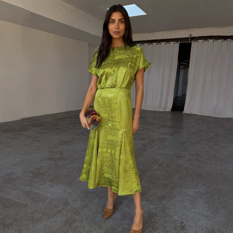 Lime Safari Erin Dress with Jacquard Print & Tie Back | NFD