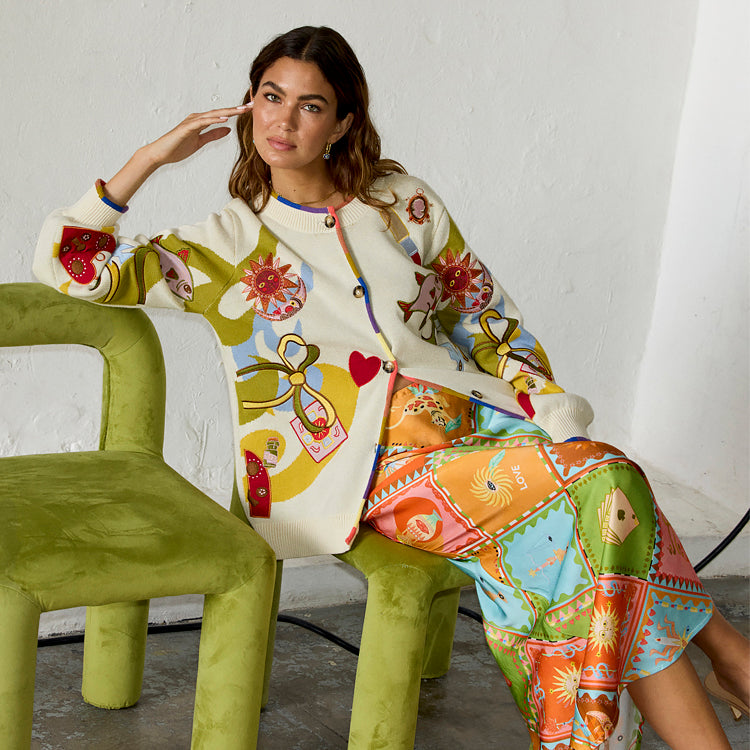 Enchanted Cream Cardigan with Multi-Colored Trim | NFD Knitwear