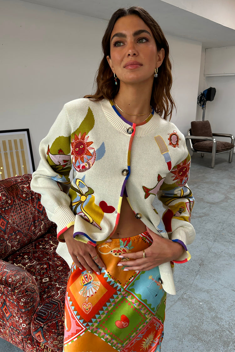 Enchanted Cream Cardigan with Multi-Colored Trim | NFD Knitwear