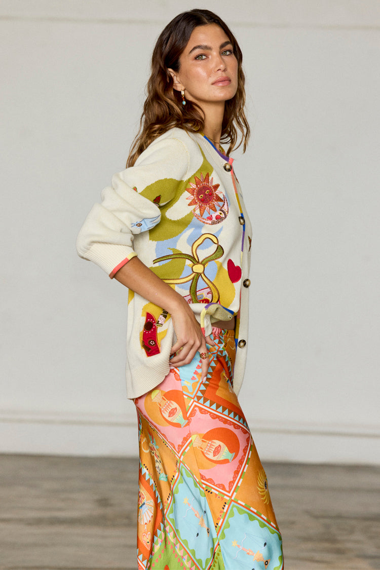 Enchanted Cream Cardigan with Multi-Colored Trim | NFD Knitwear