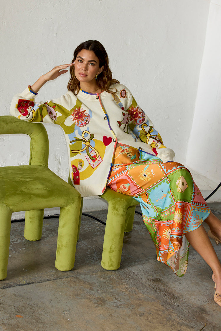 Enchanted Cream Cardigan with Multi-Colored Trim | NFD Knitwear