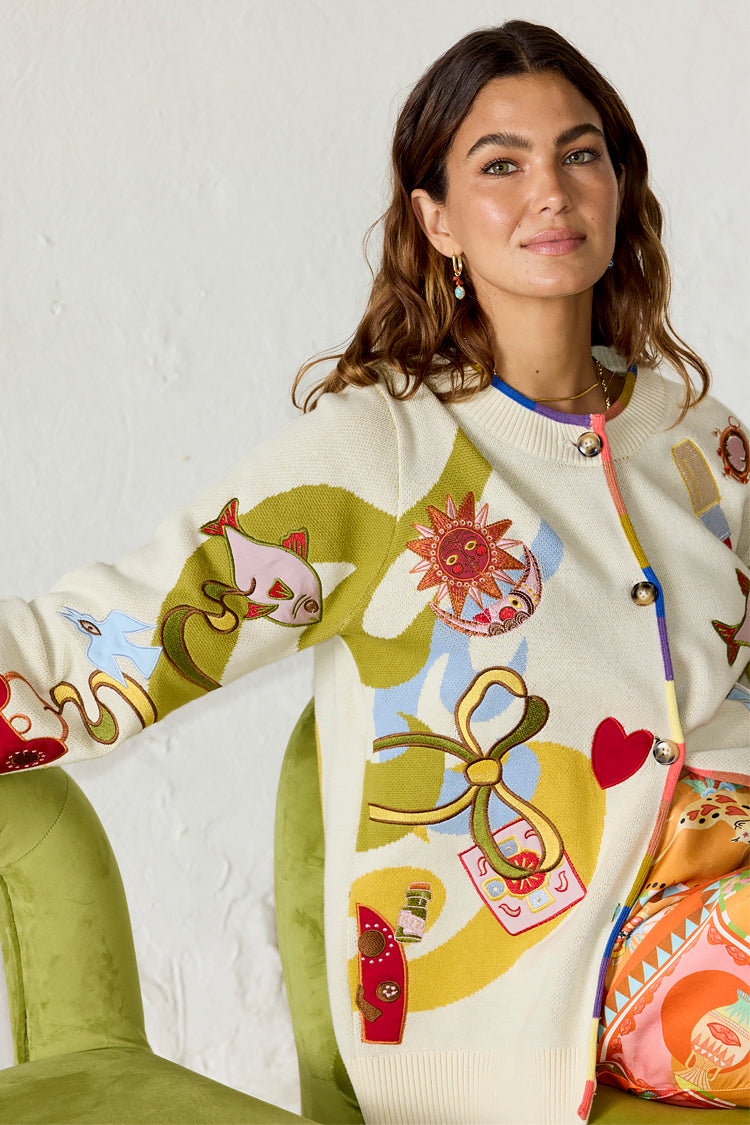 Enchanted Cream Cardigan with Multi-Colored Trim | NFD Knitwear