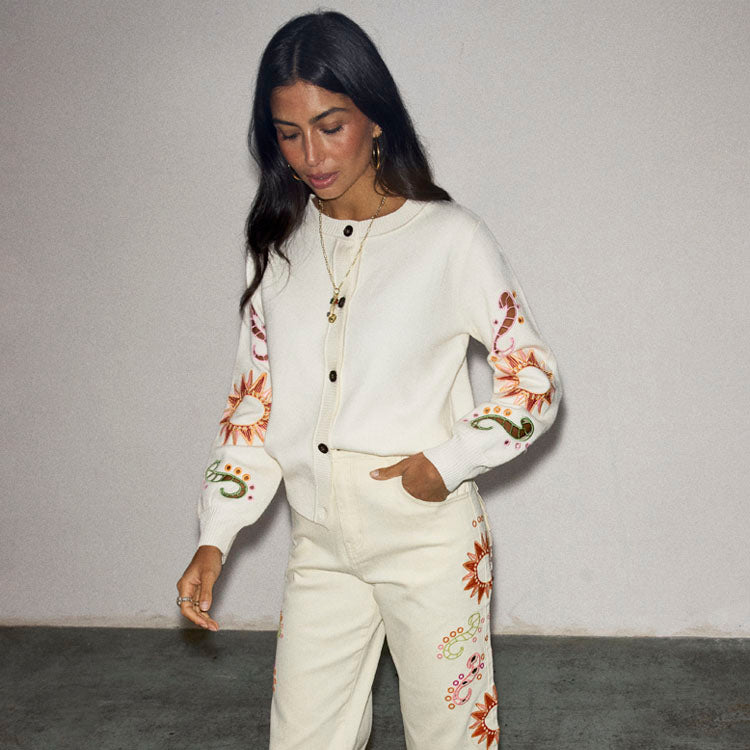 Cream Embroidered Cardigan for Women | Soft Knit & Breastfeeding Friendly