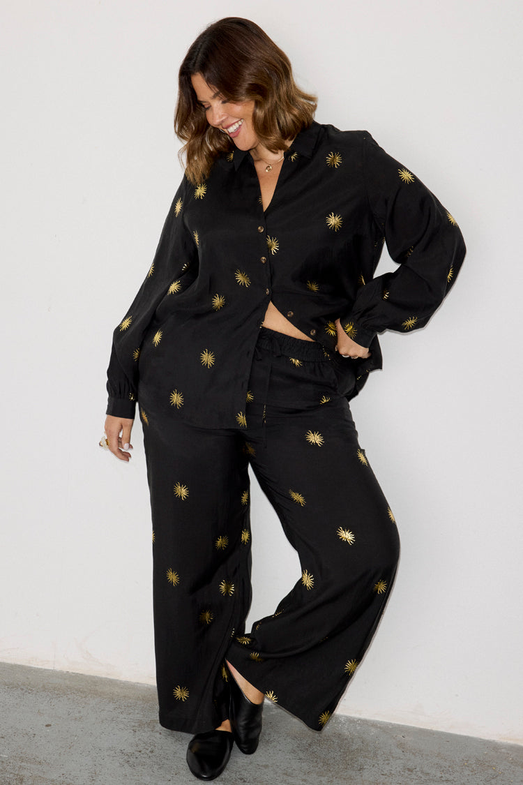 Relaxed Wide Leg Trousers with Elastic Waist | Gold Sun Elissa