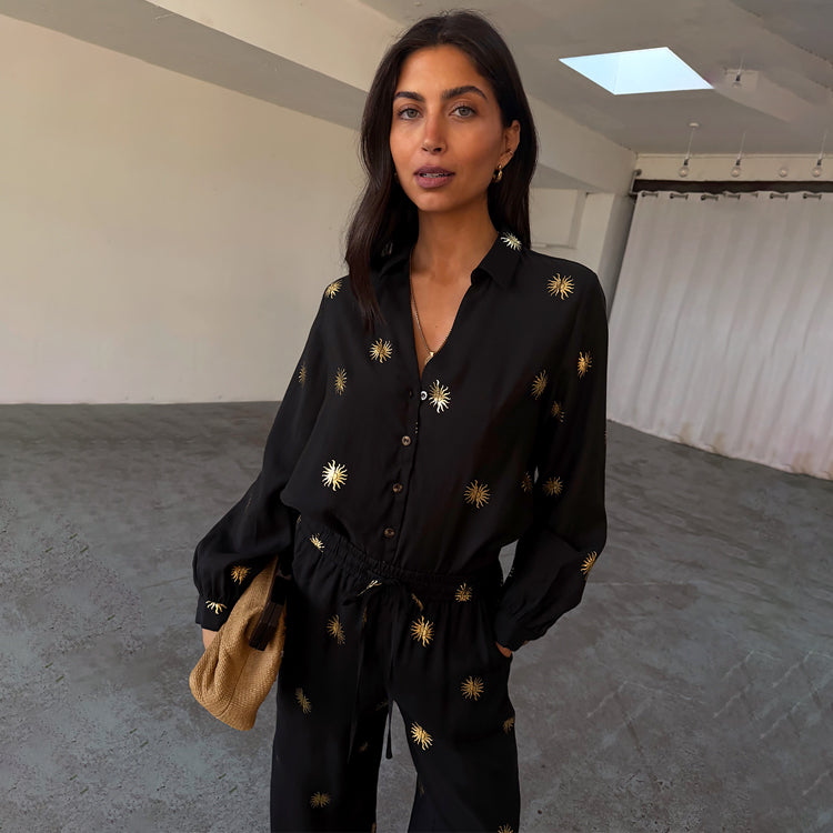 Black Button-Up Shirt with Blouson Sleeves | Gold Sun Miley