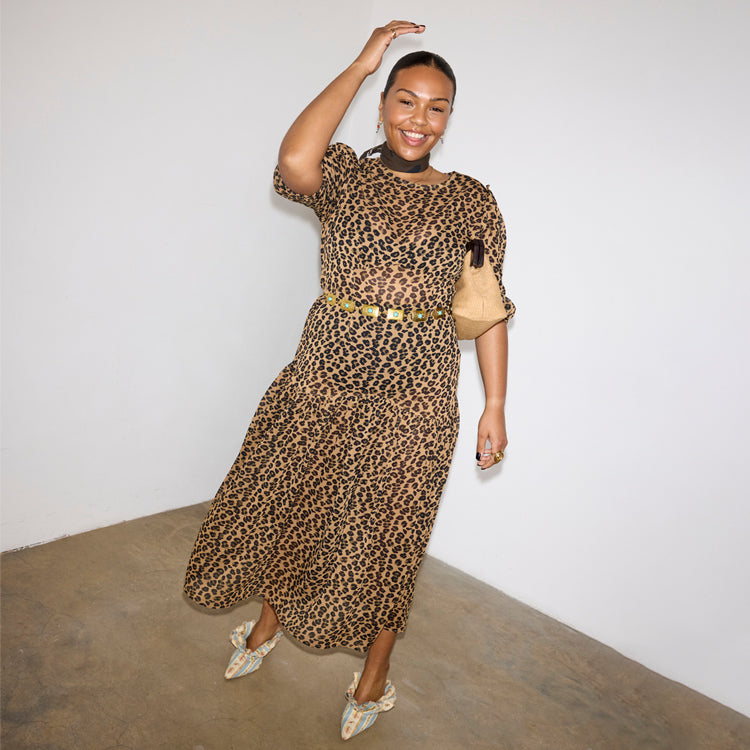 Leopard Print Sheer Dress with Puff Sleeves & Drop Waist | Lucia