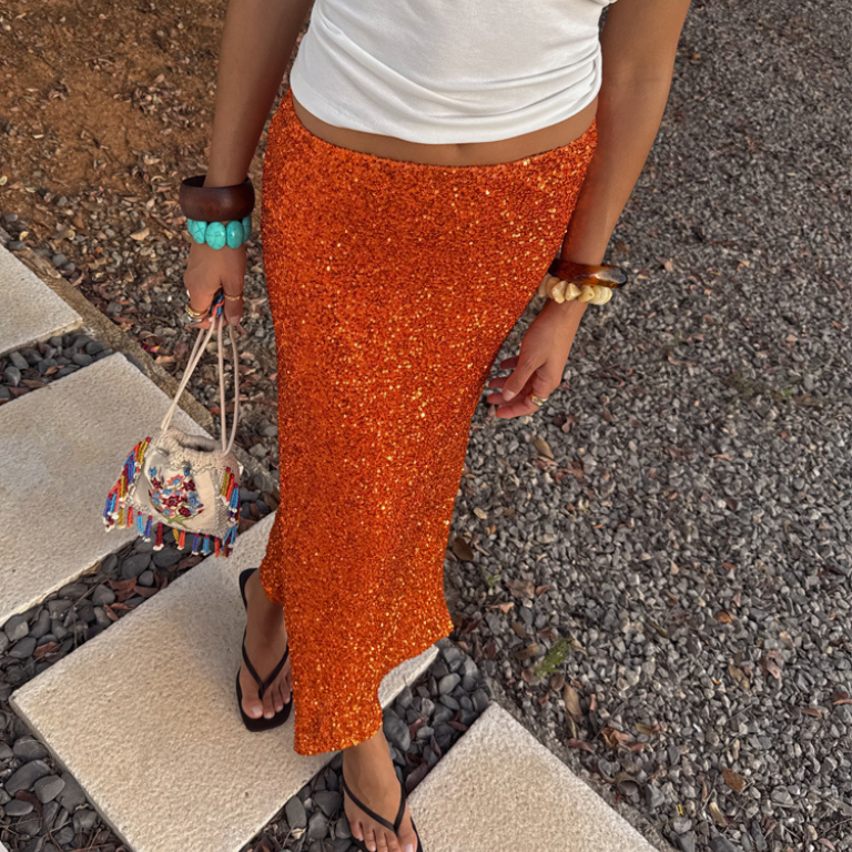 Burnt Orange Sequin Slip Skirt with Elastic Waist | Dorris