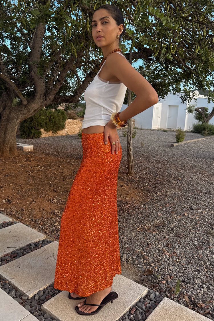Burnt Orange Sequin Slip Skirt with Elastic Waist | Dorris