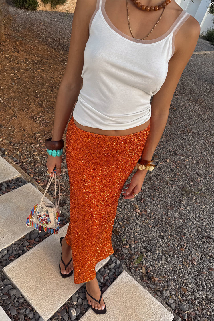 Burnt Orange Sequin Slip Skirt with Elastic Waist | Dorris