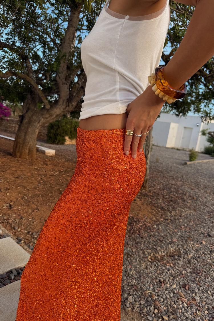 Burnt Orange Sequin Slip Skirt with Elastic Waist | Dorris