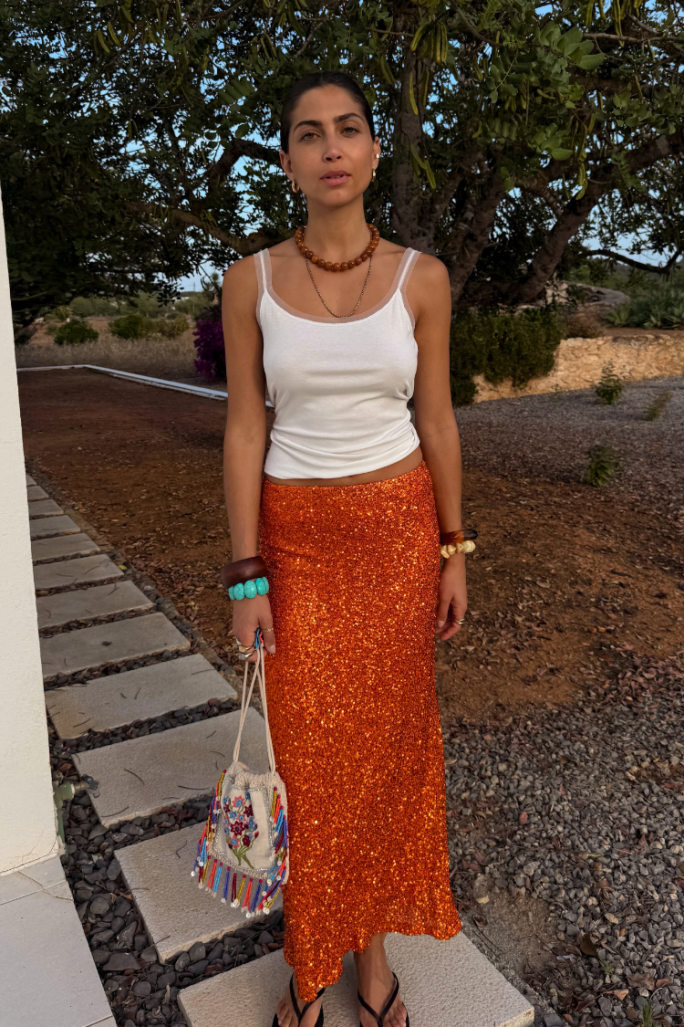 Burnt Orange Sequin Slip Skirt with Elastic Waist | Dorris