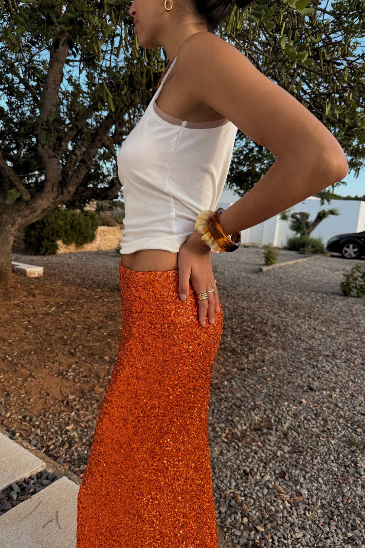 Burnt Orange Sequin Slip Skirt with Elastic Waist | Dorris