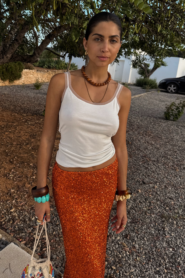 Burnt Orange Sequin Slip Skirt with Elastic Waist | Dorris