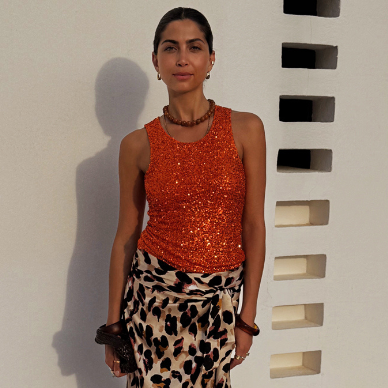 Orange Sequin Tank Top with Soft Mesh Lining | Stretch Racerback