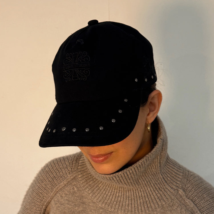 Black Studded Denim Cap with Adjustable Strap | NFD Logo