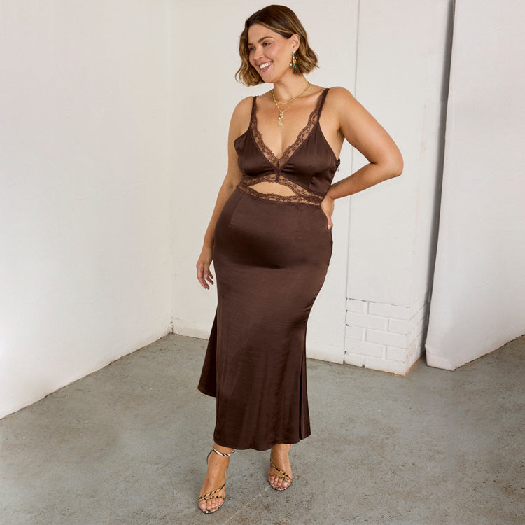 Chocolate Mimi Dress with Lace Trim & Bust Cutout | Autumn Wedding & Brunch