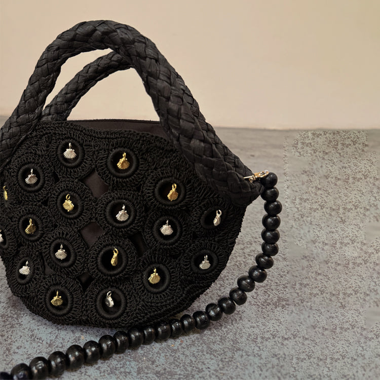 Black Crochet Mini Bag with Shell Charms & Detachable Strap