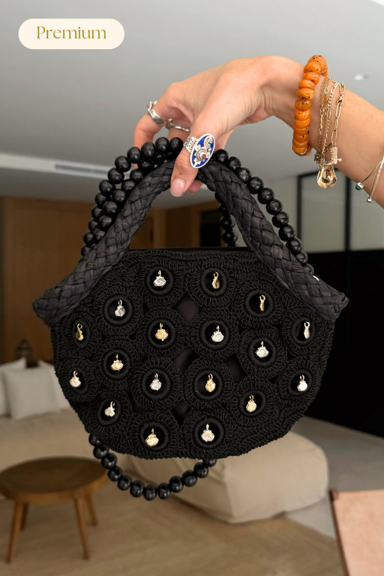 Black Crochet Mini Bag with Shell Charms & Detachable Strap