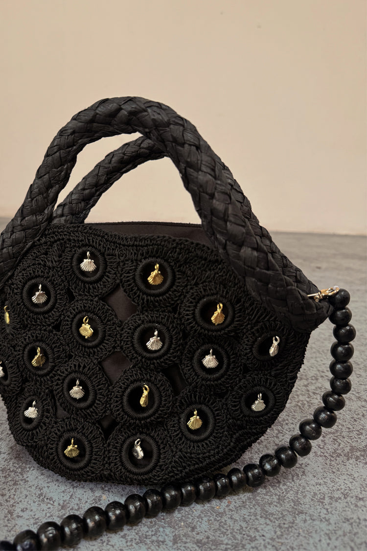 Black Crochet Mini Bag with Shell Charms & Detachable Strap