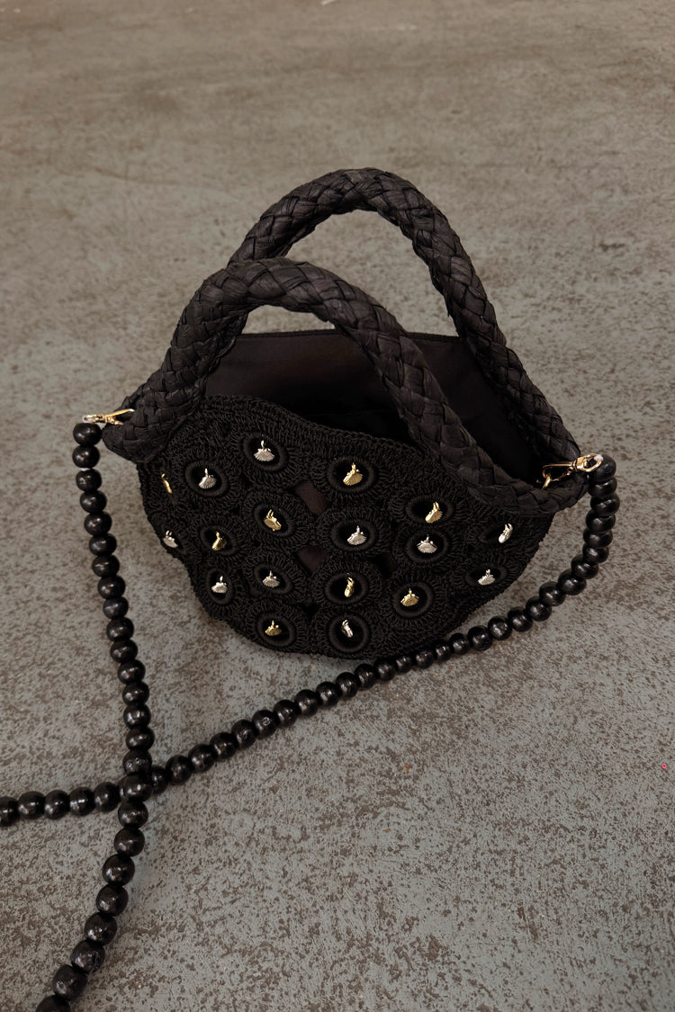 Black Crochet Mini Bag with Shell Charms & Detachable Strap