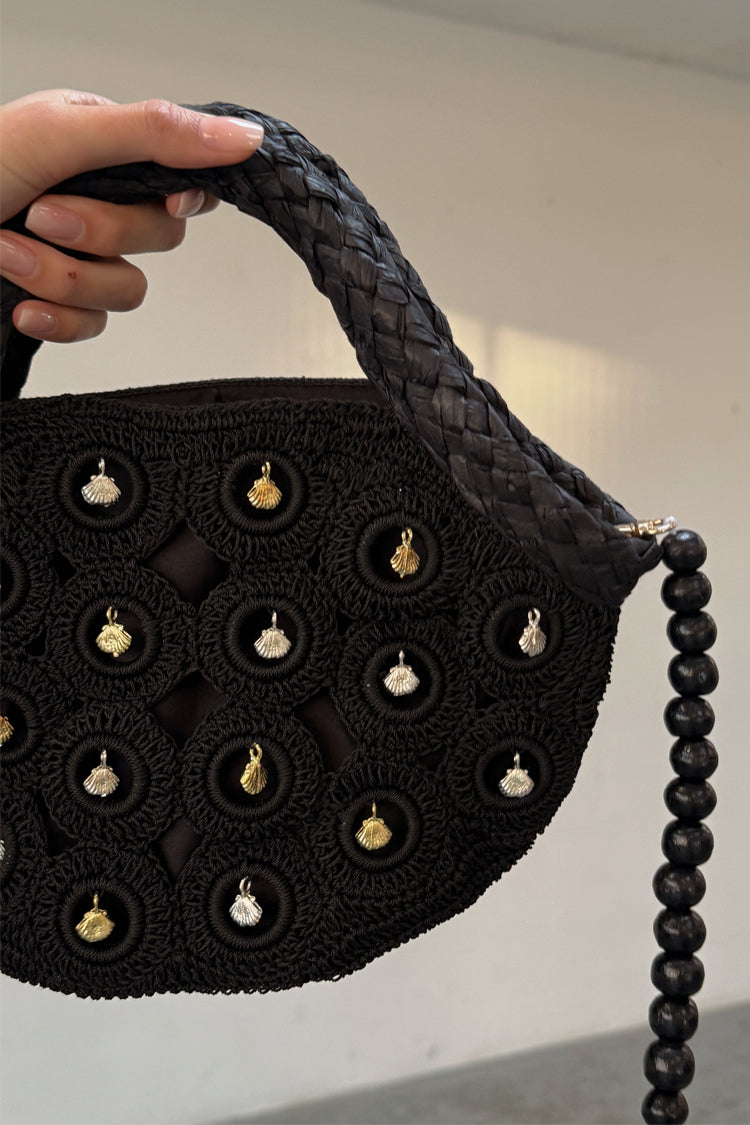 Black Crochet Mini Bag with Shell Charms & Detachable Strap