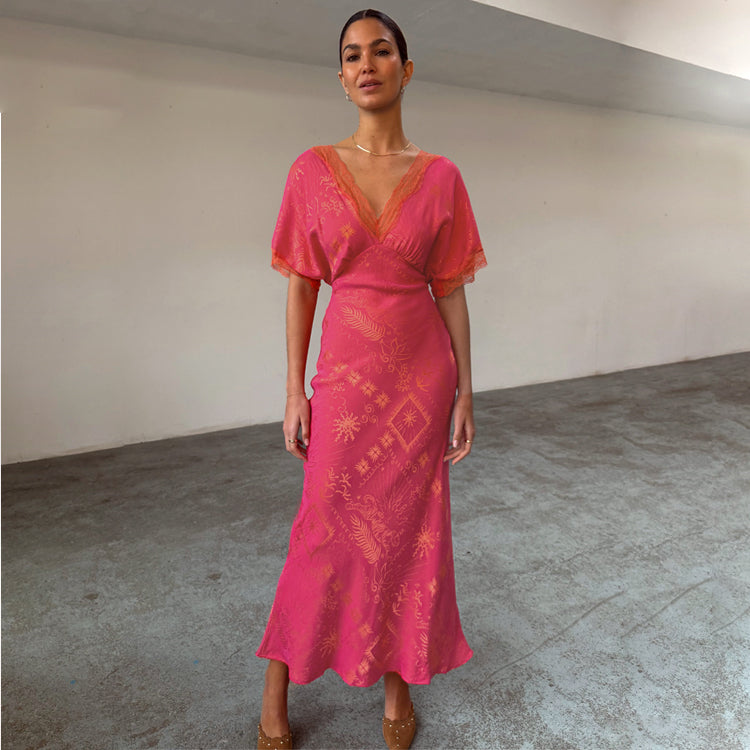 Pink Safari Jacquard Maxi Dress with Lace Detailing | Thea