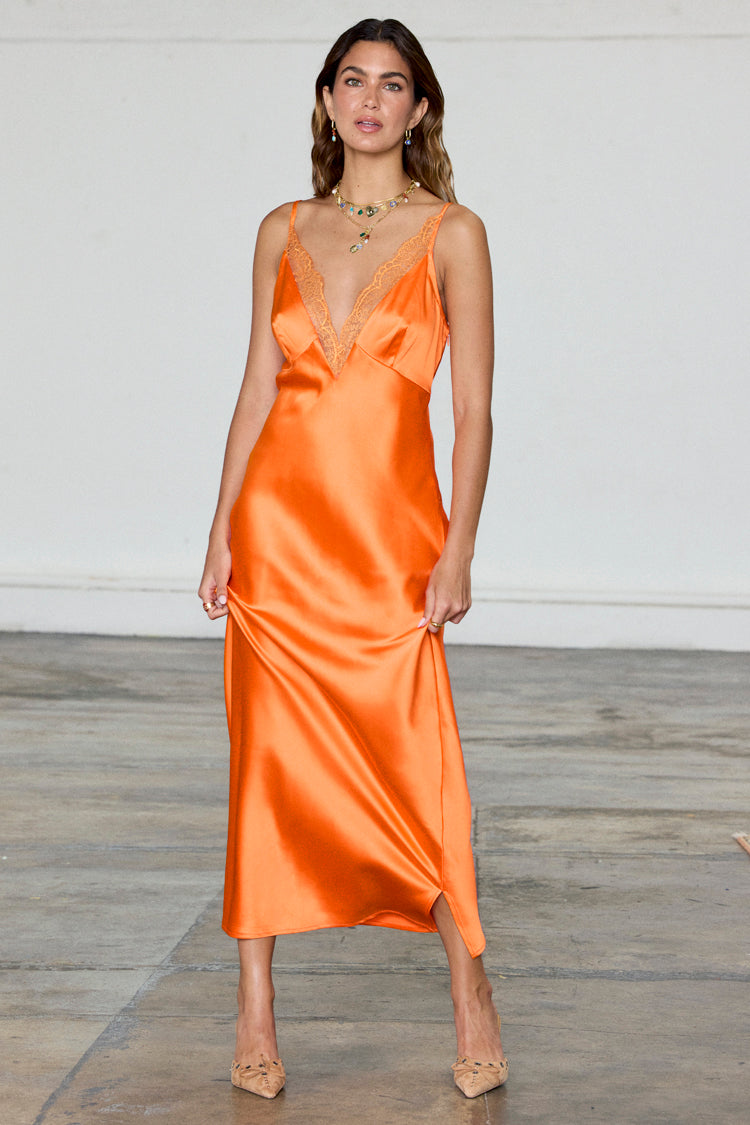 Orange Satin Lace Dress with V-Neck & Adjustable Straps | Lily Dress