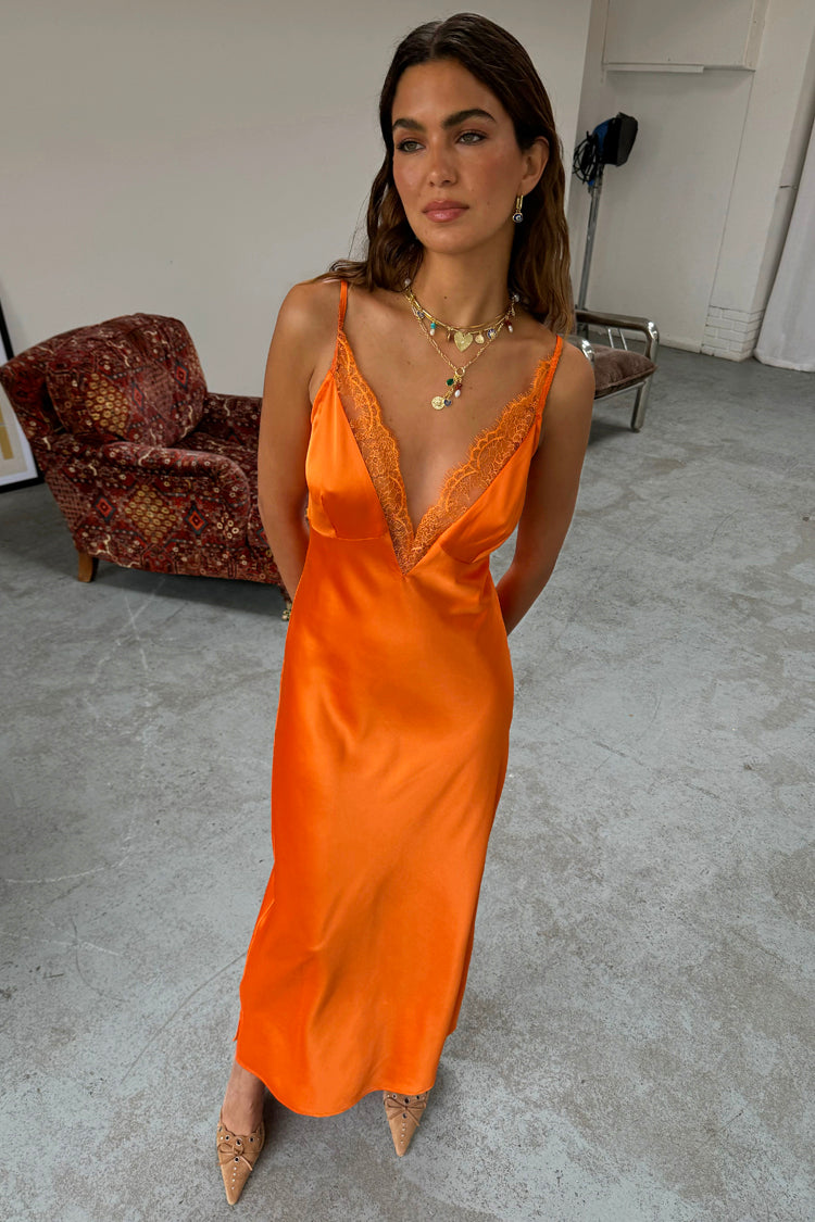 Orange Satin Lace Dress with V-Neck & Adjustable Straps | Lily Dress
