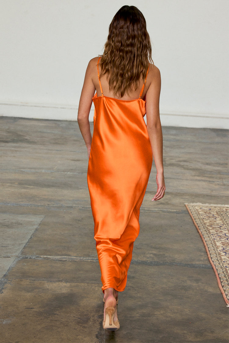 Orange Satin Lace Dress with V-Neck & Adjustable Straps | Lily Dress