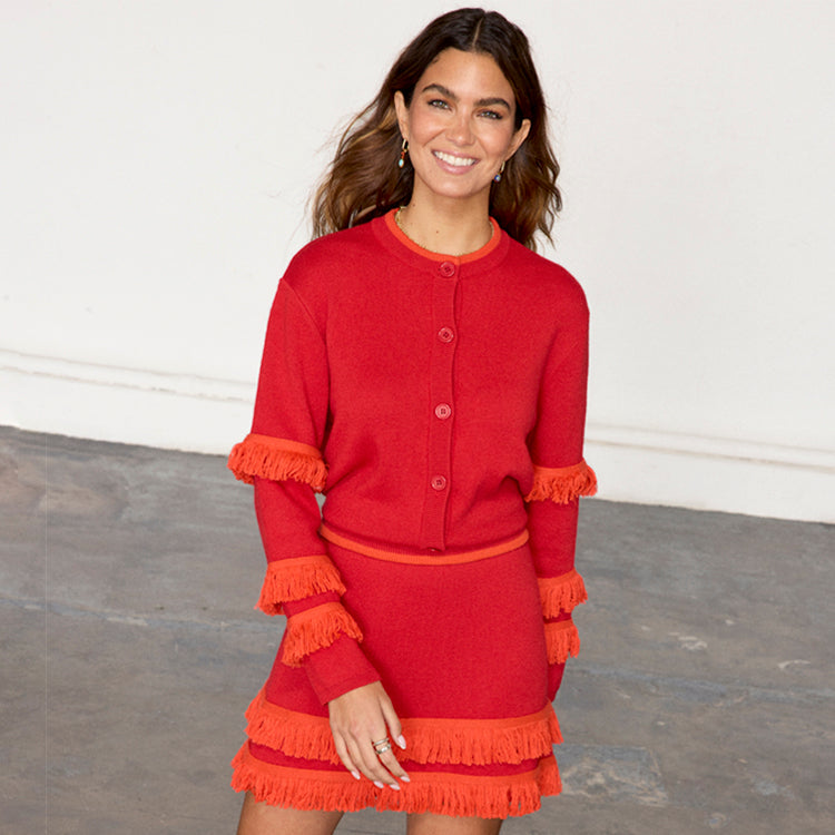 Red Fringe Cardigan for Women - Button Down & Breastfeeding Friendly | Holly Knit
