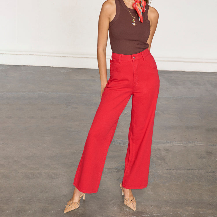 Red Wide Leg Denim Jeans with Scalloped Pockets | NFD