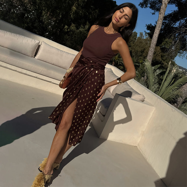 Chocolate Brown Multiwear Skirt with Gold Foil Print | Coco Jaspre