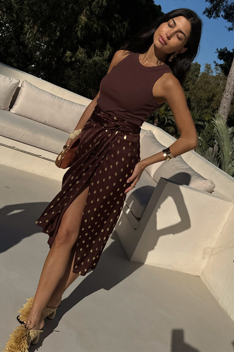 Chocolate Brown Multiwear Skirt with Gold Foil Print | Coco Jaspre