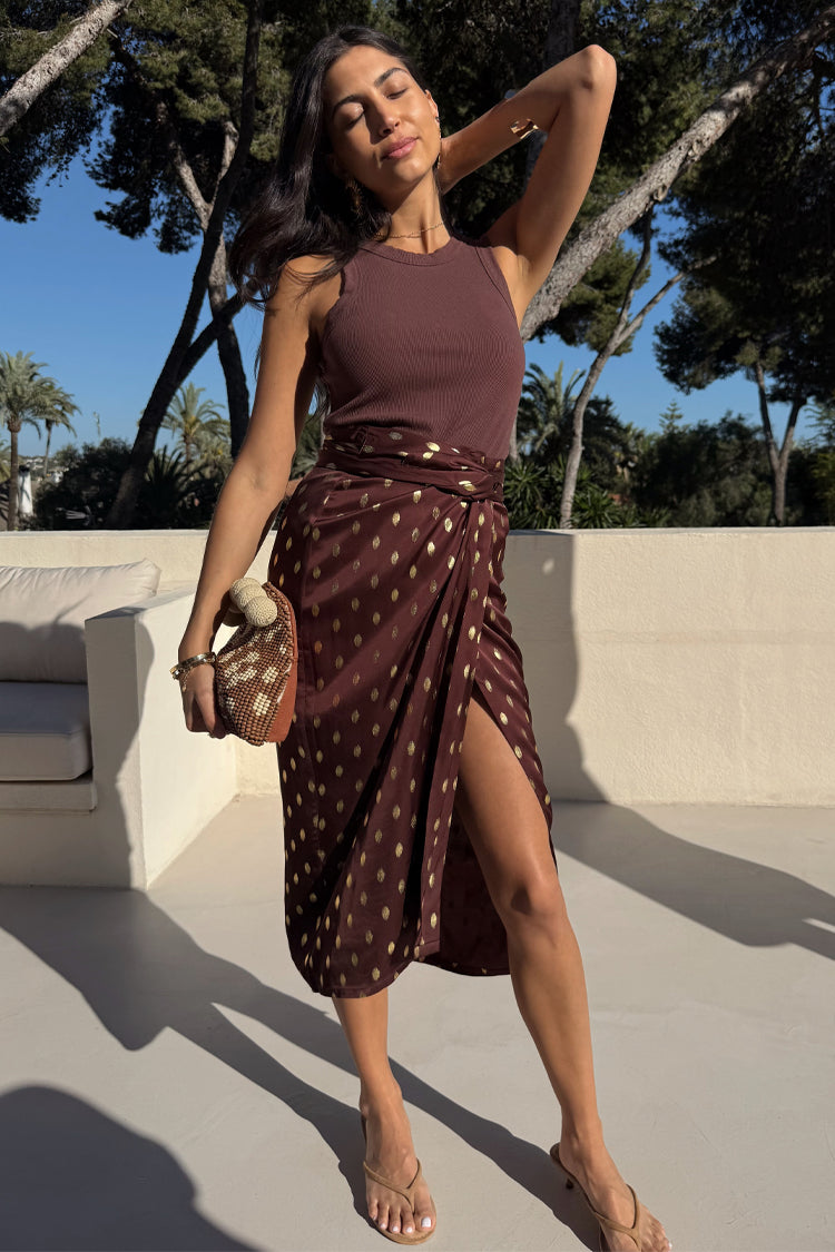 Chocolate Brown Multiwear Skirt with Gold Foil Print | Coco Jaspre