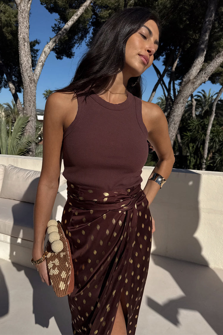 Chocolate Brown Multiwear Skirt with Gold Foil Print | Coco Jaspre