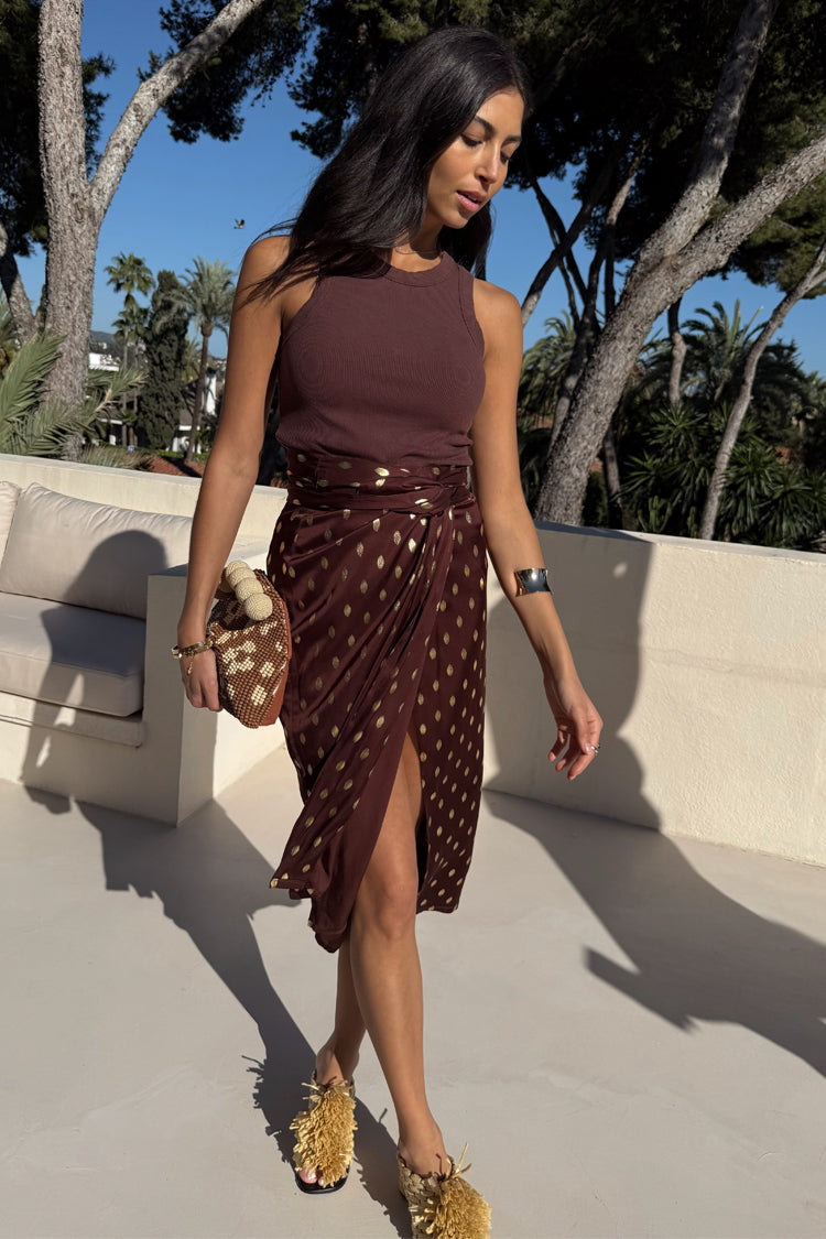 Chocolate Brown Multiwear Skirt with Gold Foil Print | Coco Jaspre