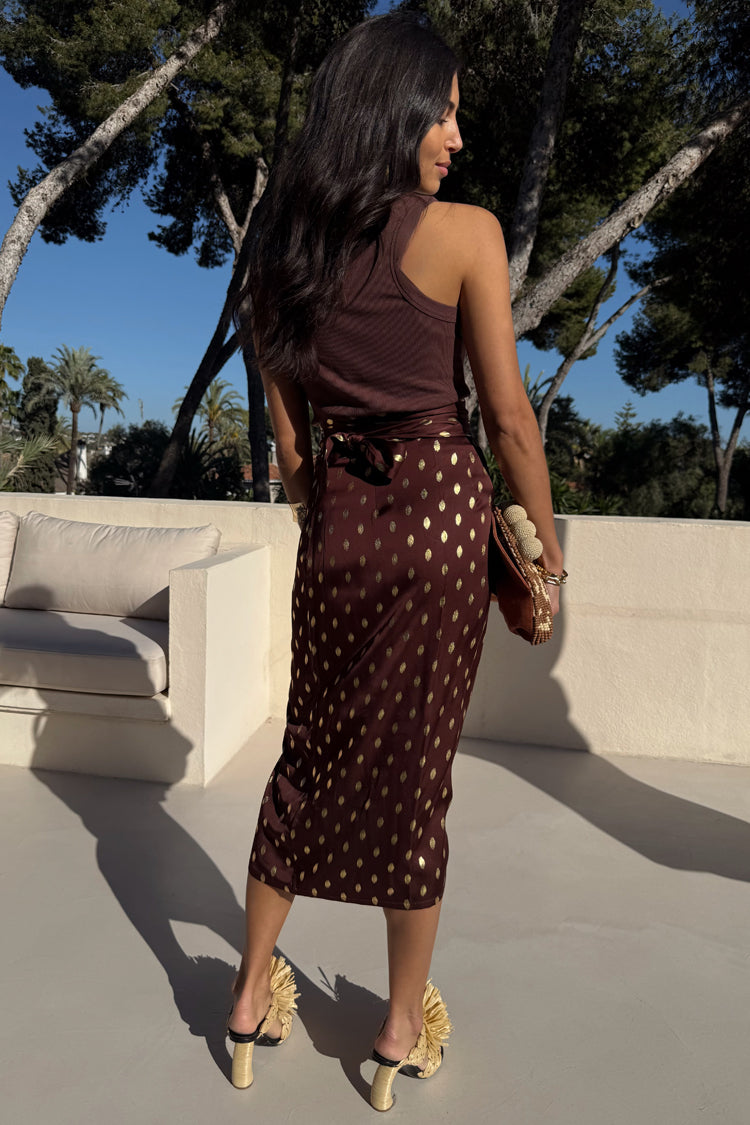Chocolate Brown Multiwear Skirt with Gold Foil Print | Coco Jaspre