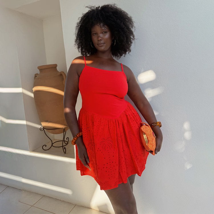 Red Broderie Cotton Mini Dress for Summer | Lola Dress