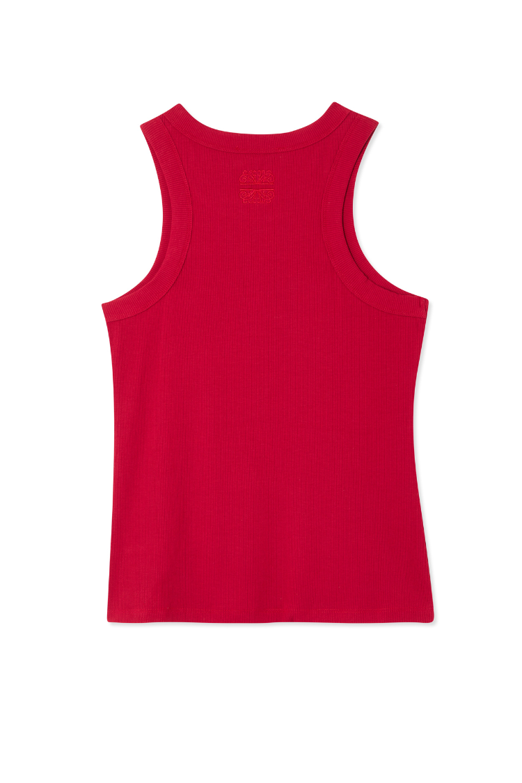 Deep Red Ribbed Tank Top for Women | Soft Stretch & Embroidered Logo