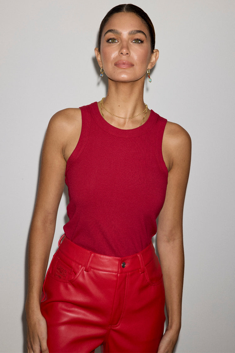 Deep Red Ribbed Tank Top for Women | Soft Stretch & Embroidered Logo