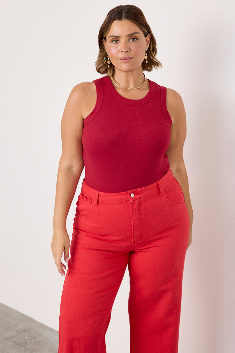 Deep Red Ribbed Tank Top for Women | Soft Stretch & Embroidered Logo