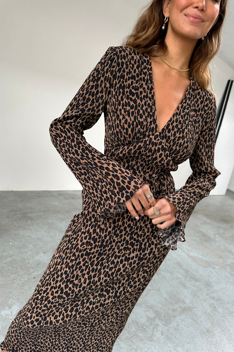 Leopard Print Dress with Tie Waist Belt & Angel Sleeves | Celeste