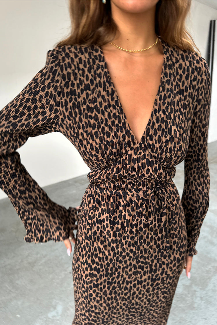 Leopard Print Dress with Tie Waist Belt & Angel Sleeves | Celeste