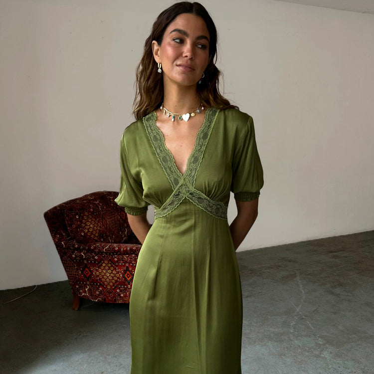 Olive Green Lace Dress with Sheer Detailing & Side Zip | Elegant Feminine Style