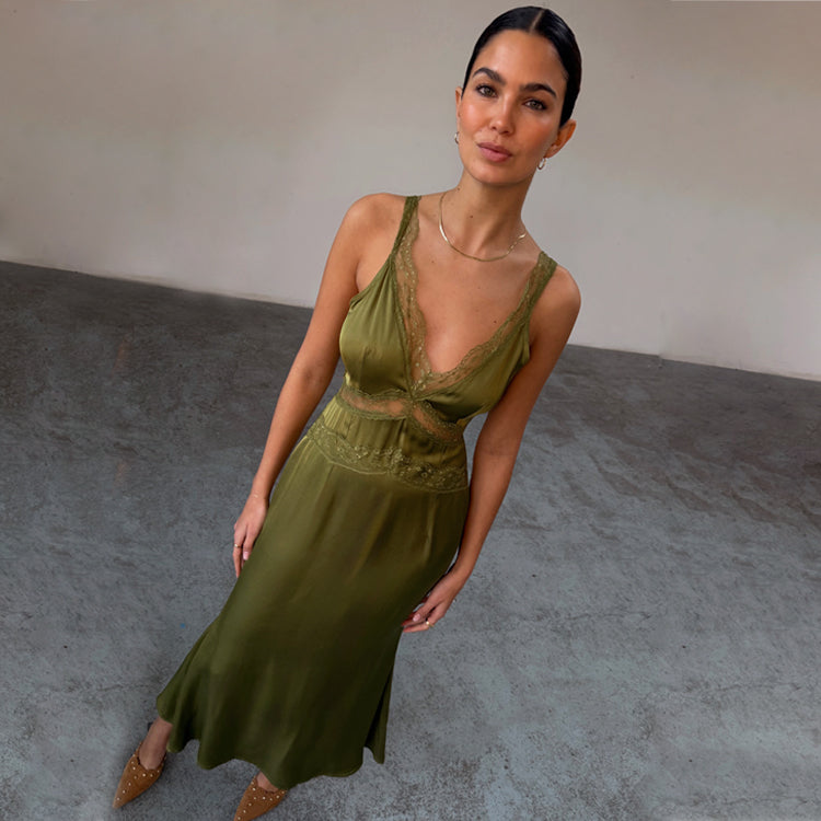 Olive Green Satin Lace Dress for Women | Gianna