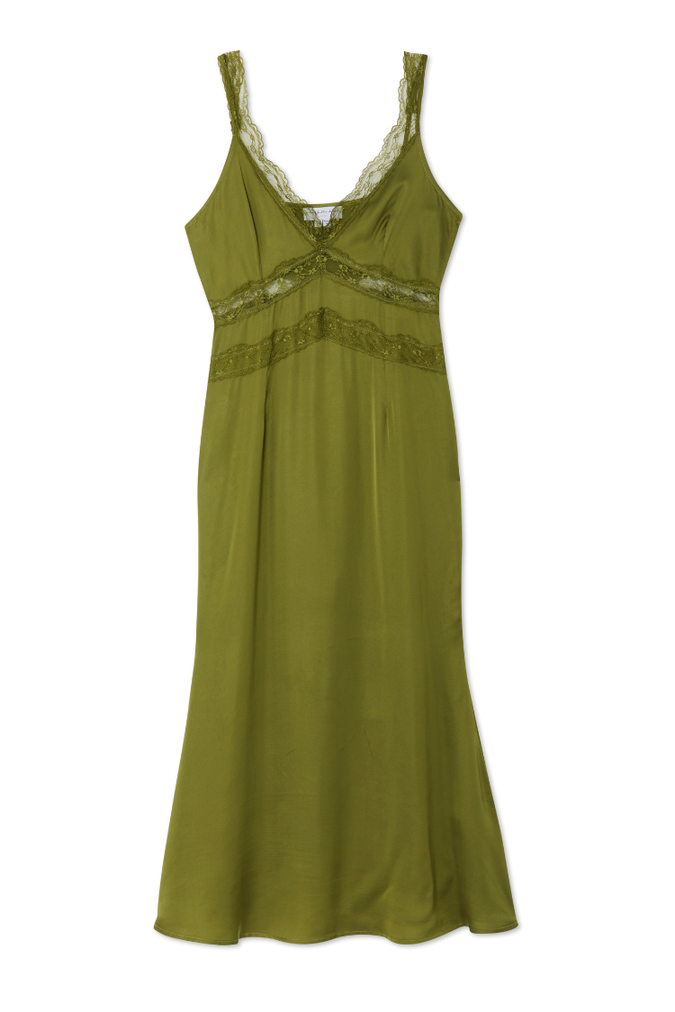 Olive Green Satin Lace Dress for Women | Gianna