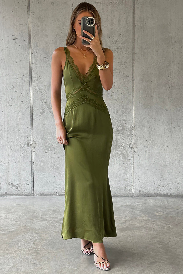 Olive Green Satin Lace Dress for Women | Gianna