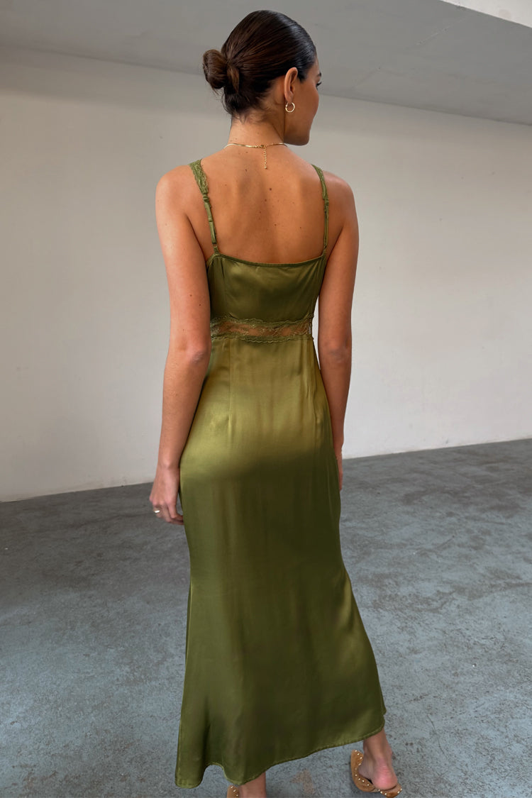 Olive Green Satin Lace Dress for Women | Gianna